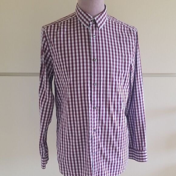 Gap Men's Dress Shirt, Burg/Pale Blue Check, L - Picture 1 of 7